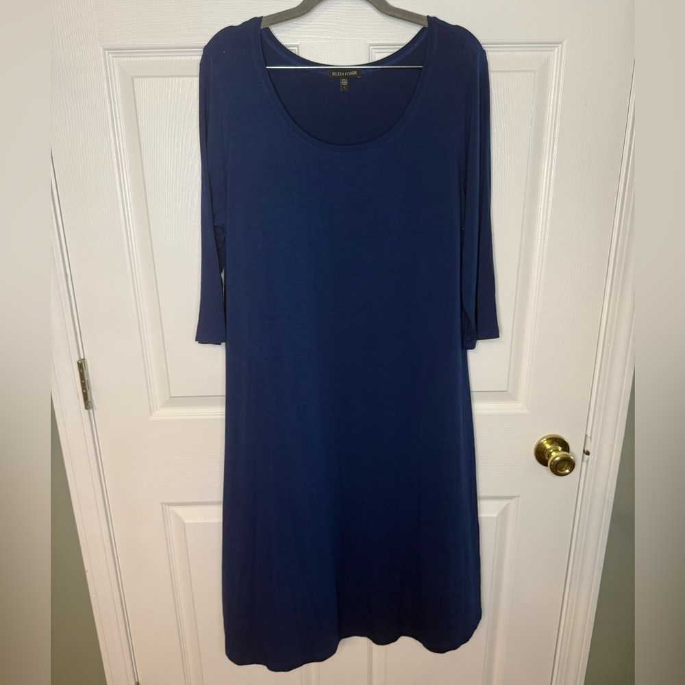 Eileen Fisher Navy Long Sleeve Dress Capsule Wardrobe Piece Size Large GUC